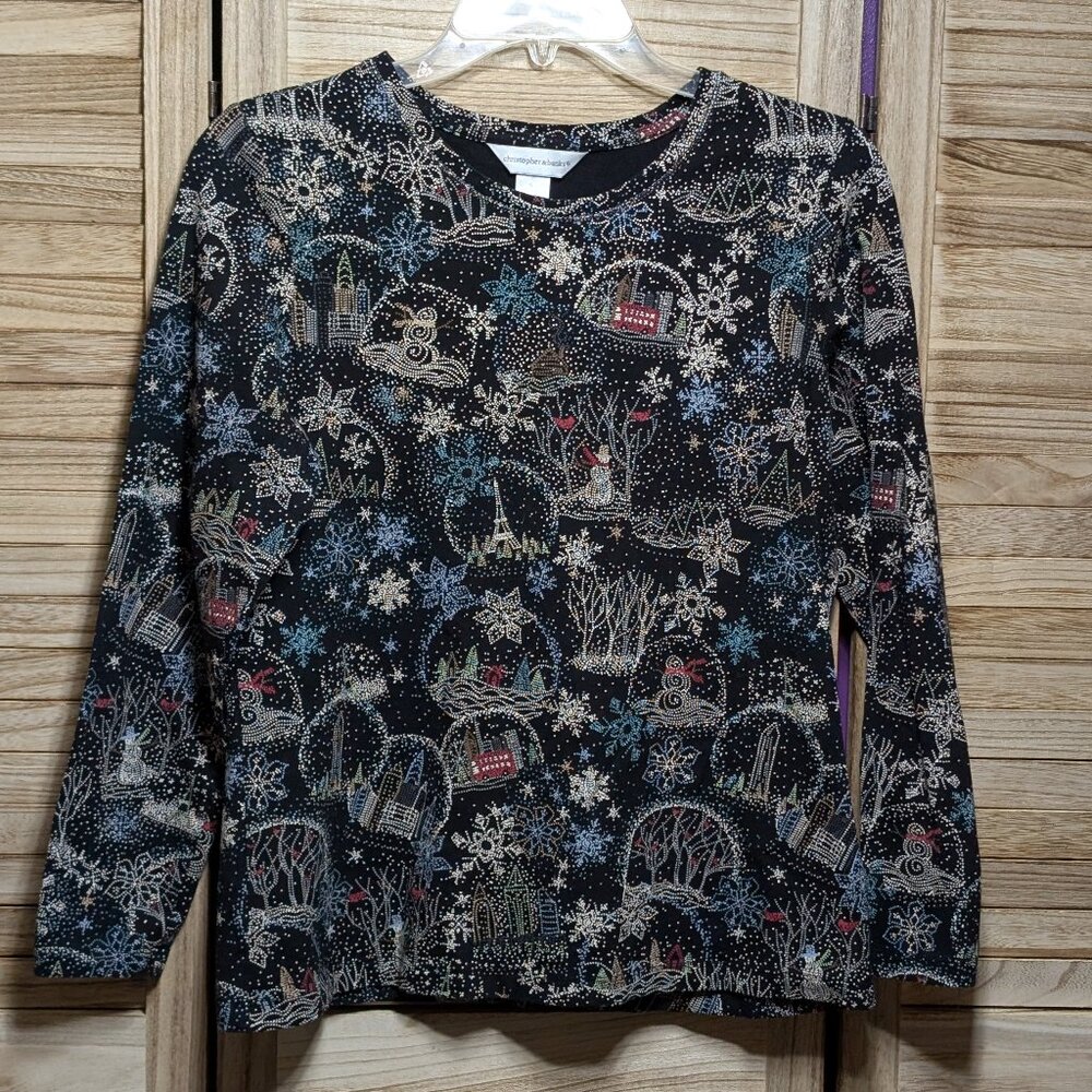 Christopher & Banks Long Sleeve Top Winter Scene Print Black Size Small